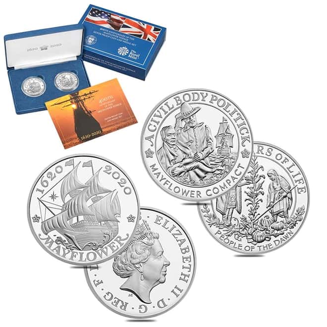 2020 US/UK 2 oz Mayflower Voyage Proof Silver 2-Coin Medal Set (w/Box & COA)