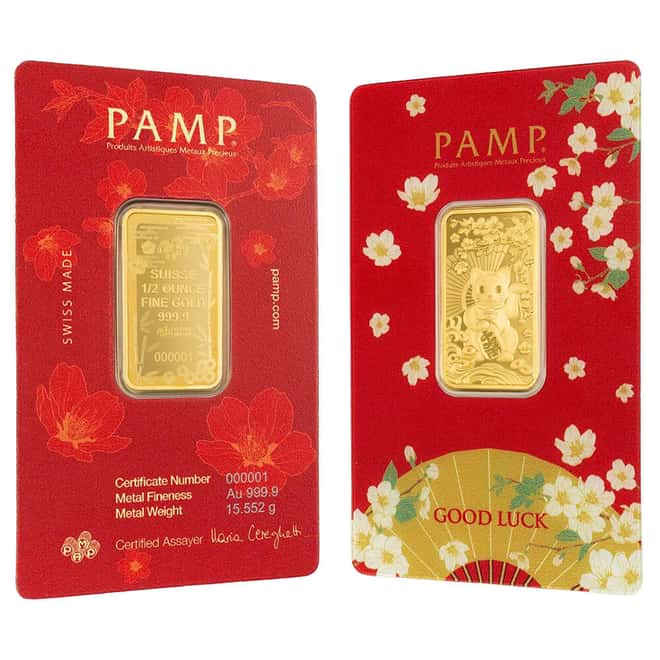 1/2 oz PAMP Suisse Good Luck Maneki Neko Gold Bar .9999 Fine (in Assay)