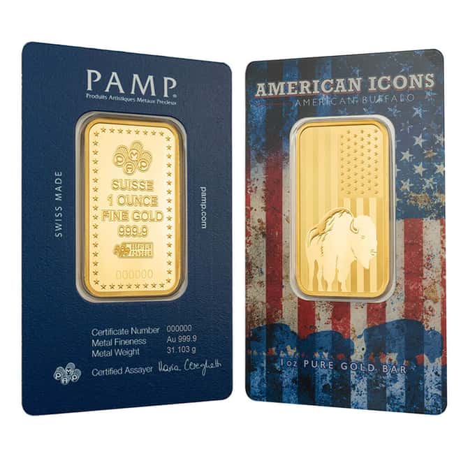 1 oz PAMP Suisse American Icons Buffalo Gold Bar .9999 Fine (in Assay)
