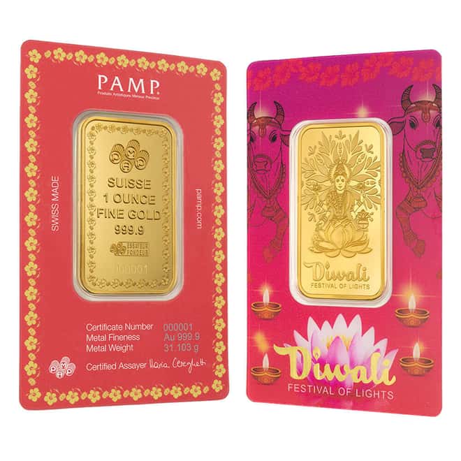 1 oz PAMP Suisse Diwali Lakshmi & Sacred Cow Gold Bar .9999 Fine (in Assay)