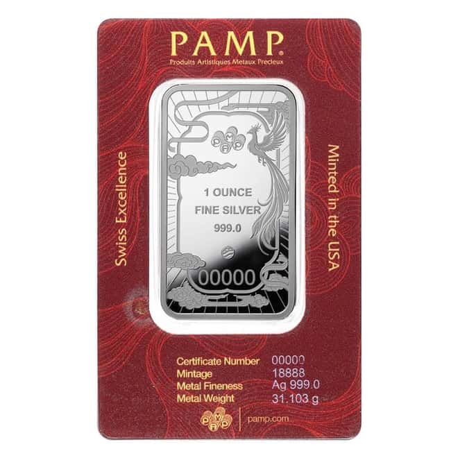 1 oz PAMP Suisse Good Luck Phoenix Silver Bar .9999 Fine (in Assay)