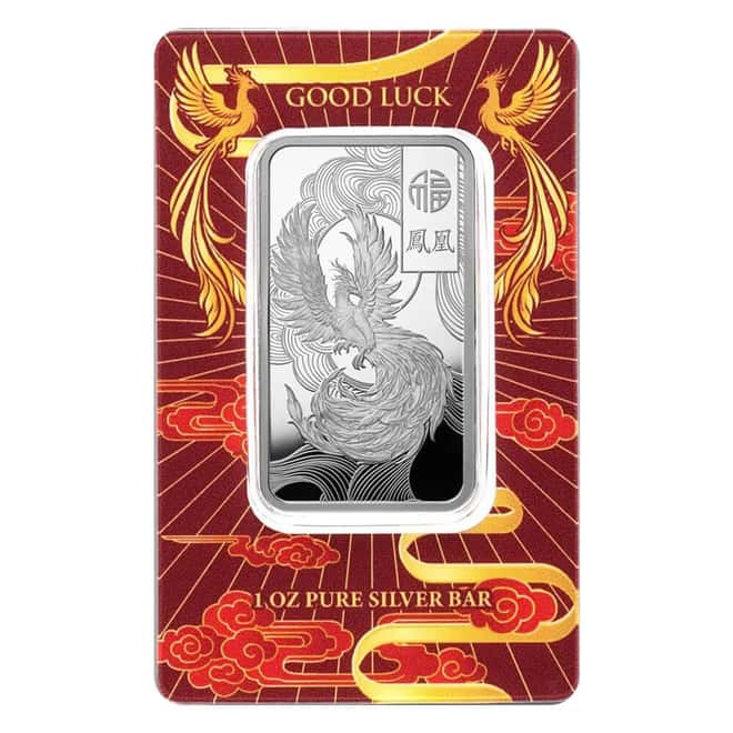 1 oz PAMP Suisse Good Luck Phoenix Silver Bar .9999 Fine (in Assay)