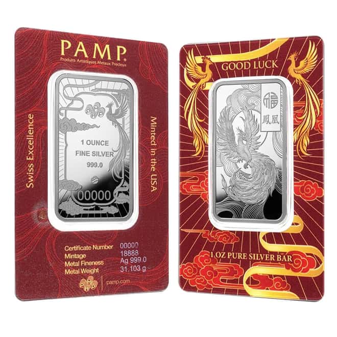1 oz PAMP Suisse Good Luck Phoenix Silver Bar .9999 Fine (in Assay)