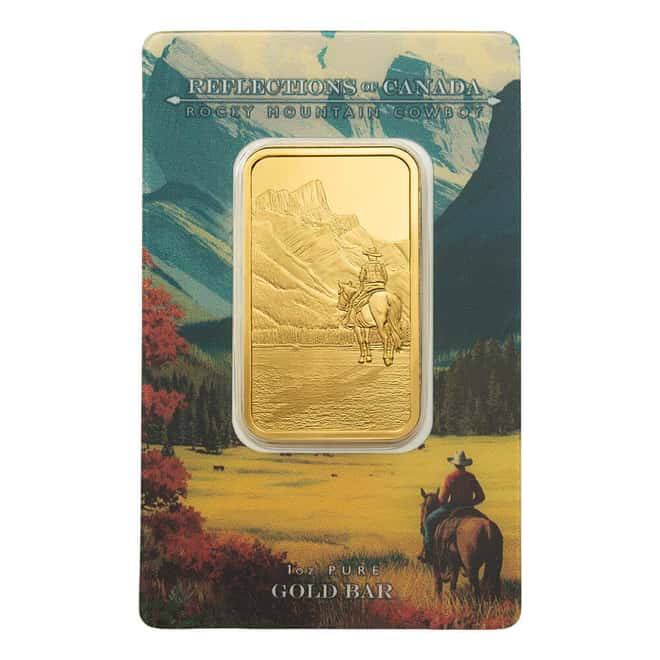 1 oz PAMP Suisse Reflections of Canada Rocky Mountain Cowboy Gold Bar .9999 Fine (in Assay)