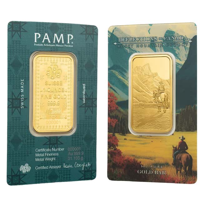 1 oz PAMP Suisse Reflections of Canada Rocky Mountain Cowboy Gold Bar .9999 Fine (in Assay)