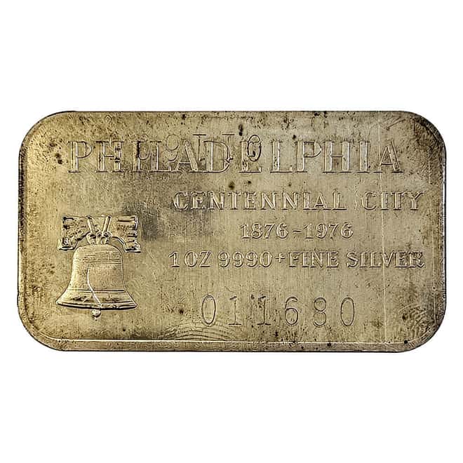 1 oz Philadelphia Centennial City Large Bell Silver Bar .999 Double Serial # Error