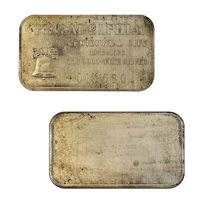 1 oz Philadelphia Centennial City Large Bell Silver Bar .999 Double Serial # Error