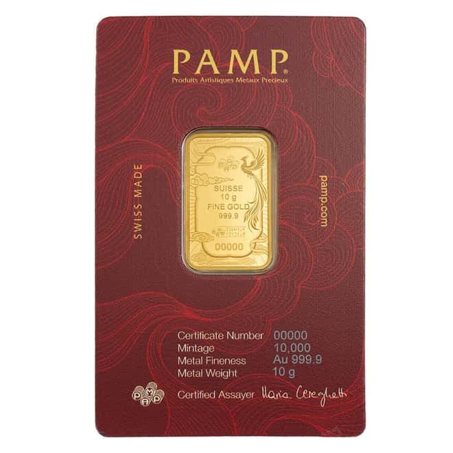 10 Gram PAMP Suisse Good Luck Phoenix Colorized Gold Bar .9999 Fine (in Assay)