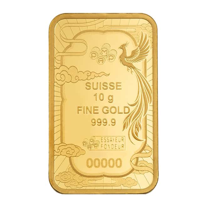 10 Gram PAMP Suisse Good Luck Phoenix Colorized Gold Bar .9999 Fine (in Assay)