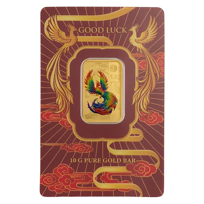 10 Gram PAMP Suisse Good Luck Phoenix Colorized Gold Bar .9999 Fine (in Assay)