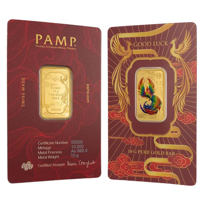 10 Gram PAMP Suisse Good Luck Phoenix Colorized Gold Bar .9999 Fine (in Assay)
