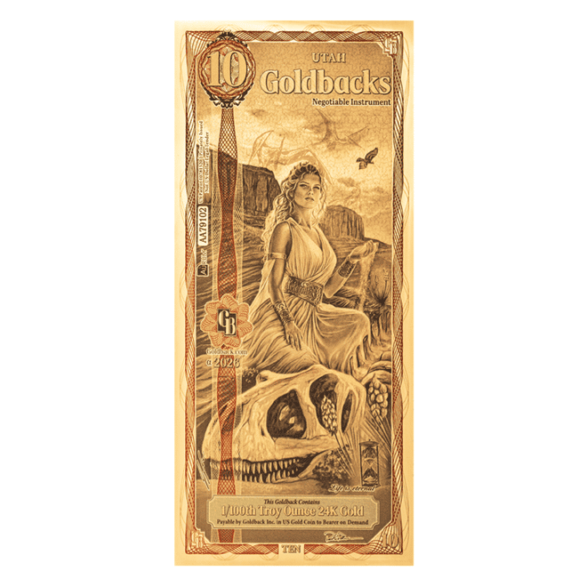 10 Utah Goldback 1/100 oz 24K Gold Foil Aurum Note (New Design)