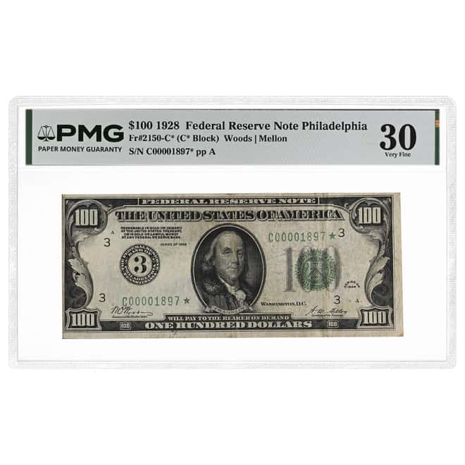 1928 $100 Federal Reserve Note Philadelphia Star Note PMG VF 30