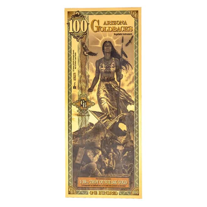 100 Arizona Goldback 1/10 oz 24K Gold Foil Aurum Note
