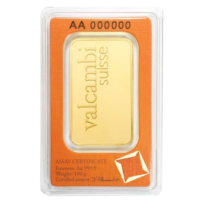 100 gram Gold Bar Valcambi Suisse .9999 Fine (In Assay)