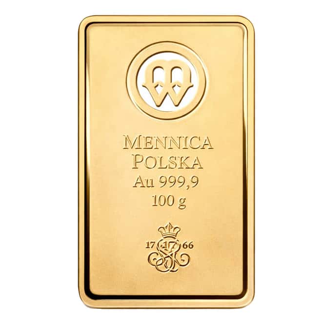 100 Gram Mint of Poland Gold Bar .9999 Fine (in Assay)