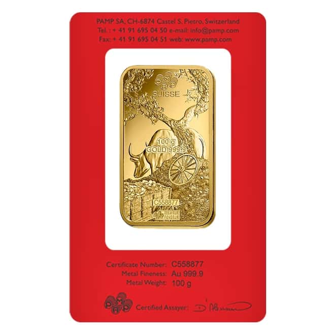 100 gram PAMP Suisse Year of the Ox Gold Bar (In Assay)
