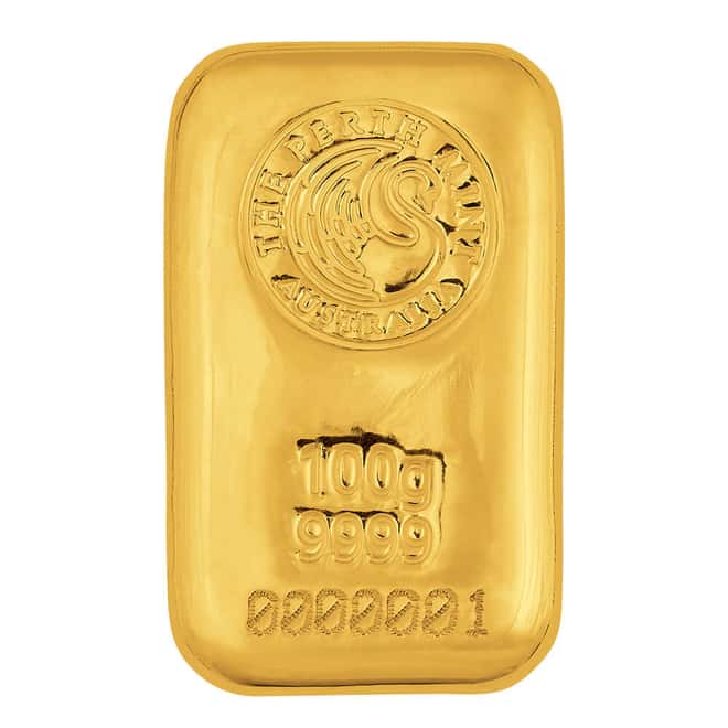 100 Gram Perth Mint Cast Gold Bar .9999 Fine