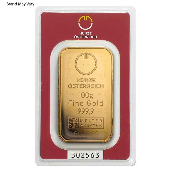 100 Gram Random Brand Gold Bar .999+ Fine (in Assay)