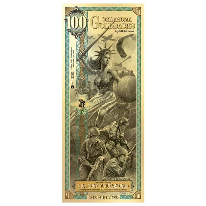 100 Oklahoma Goldback 1/10 oz 24K Gold Foil Aurum Note