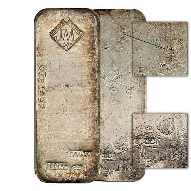 100 oz Johnson Matthey (JM) Silver Vintage Bar .999 Fine (Countermarks on Back)