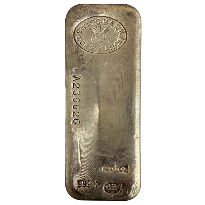 100 oz Johnson Matthey Swiss Bank Corp Silver Bar .999+ Fine