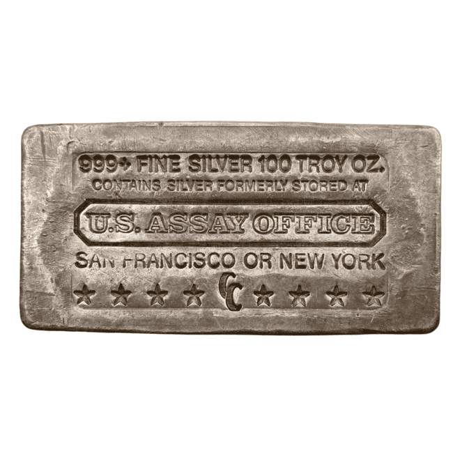 100 oz U.S. Assay Office Silver Bar .999+ Fine