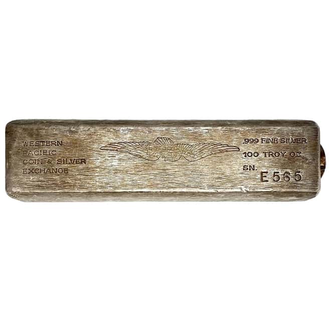 100 oz Western Pacific Coin & Silver Exchange Vintage Silver Bar .999 Fine (Pigtail Sprue)