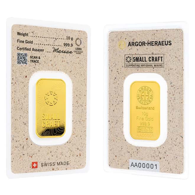 10 Gram Argor Heraeus Small Craft Gold Bar .9999 Fine (in Assay)