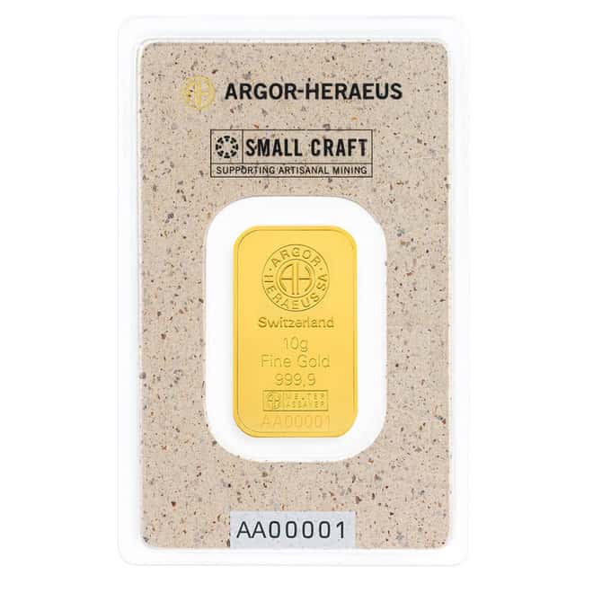 10 Gram Argor Heraeus Small Craft Gold Bar .9999 Fine (in Assay)