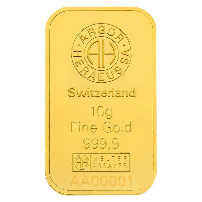 10 Gram Argor Heraeus Small Craft Gold Bar .9999 Fine (in Assay)