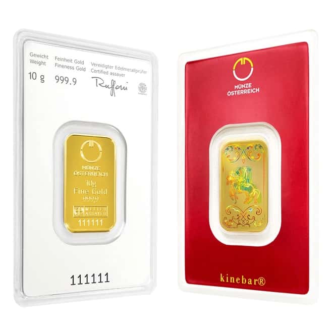 10 gram Austrian Mint Kinebar Gold Bar .9999 Fine (In Assay)