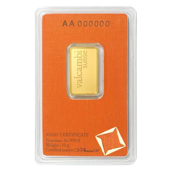10 gram Gold Bar Valcambi Suisse .9999 Fine (In Assay)