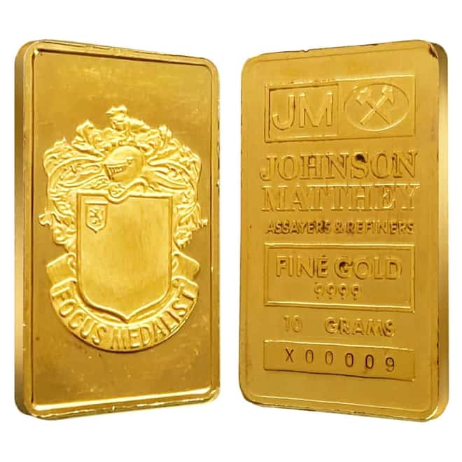 10 gram Johnson Matthey Focus Medalist Gold Bar .9999 Fine (Serial Number 9)