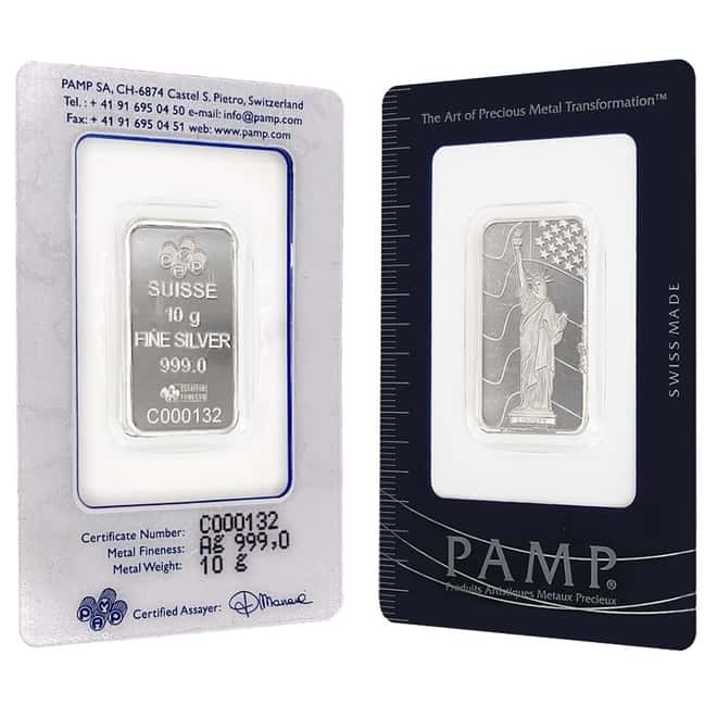 10 gram Silver Bar PAMP Suisse - Statue of Liberty .999 Fine (In Assay)