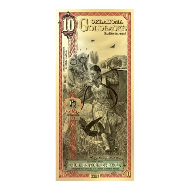 10 Oklahoma Goldback 1/100 oz 24K Gold Foil Aurum Note