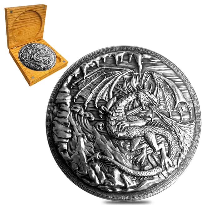 10 oz Dragon vs Vikings Ultra High Relief Fantasy Silver Round .999 Fine (w/Box)