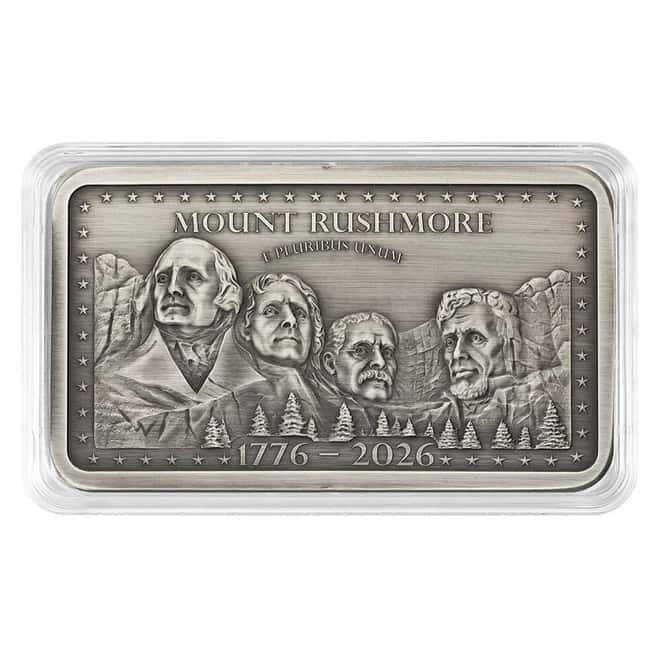 10 oz Mount Rushmore 250th Anniversary Antiqued Silver Bar .999 Fine