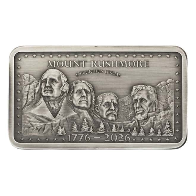10 oz Mount Rushmore 250th Anniversary Antiqued Silver Bar .999 Fine
