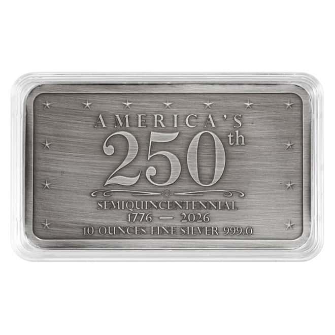 10 oz Mount Rushmore 250th Anniversary Antiqued Silver Bar .999 Fine