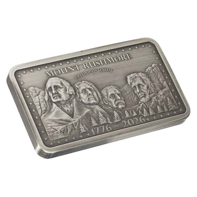 10 oz Mount Rushmore 250th Anniversary Antiqued Silver Bar .999 Fine