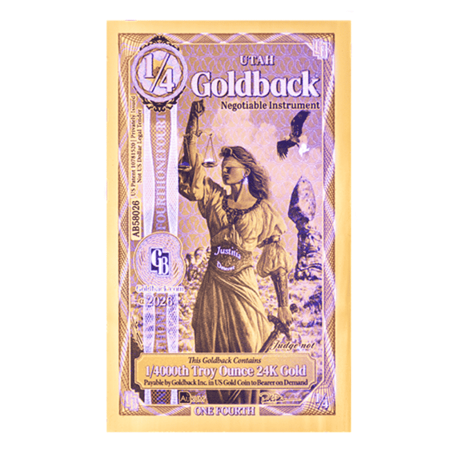 Pack of 100 - 1/4 Utah Goldback 1/4000 oz 24K Gold Foil Aurum Note (New Design)