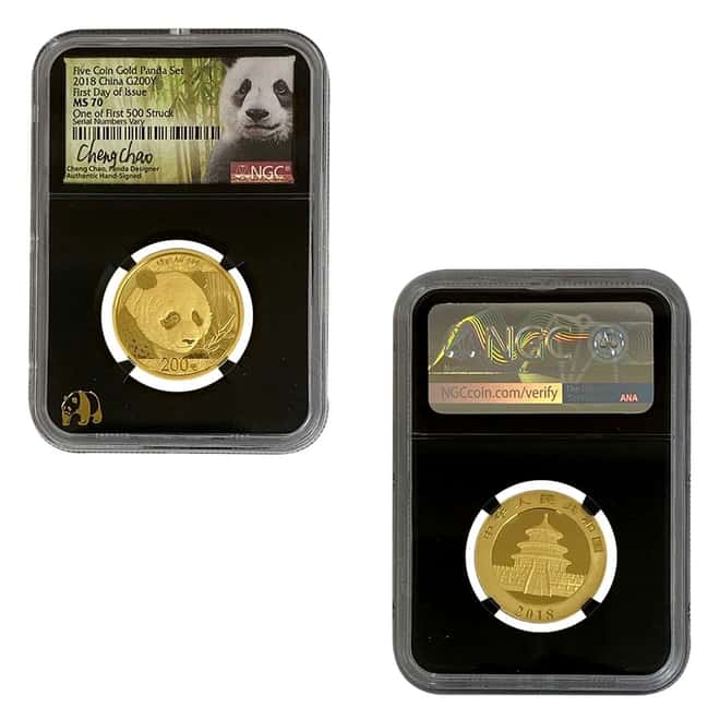 2018 1.83 oz Chinese Gold Panda 5-Coin Set NGC MS 70 FDOI (Retro, Cheng Chao Sign)