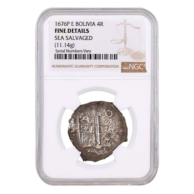1676 P E Bolivia Charles II 4 Reales Silver Coin NGC Fine Details (11.14 gram)