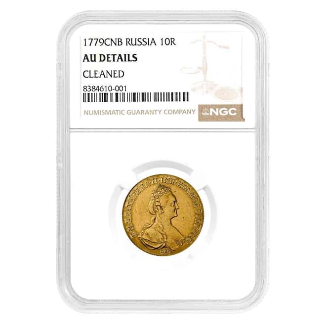 1779 CNB Russia 10 Roubles Gold Coin NGC AU Details