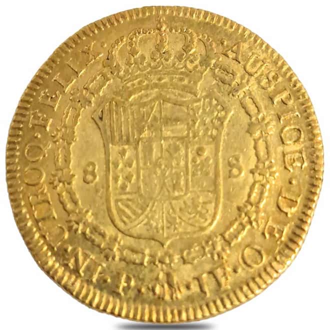 1791-1808 Colombia 8 Escudos Charles IV Gold Coin Avg Circ (Random Year)