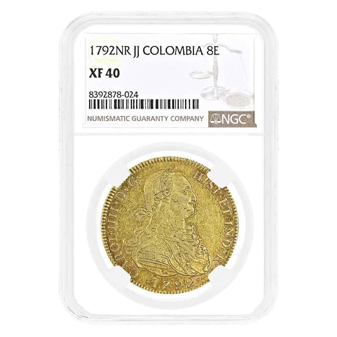 1792 NR JJ Colombia 8 Escudos Gold Coin NGC XF 40