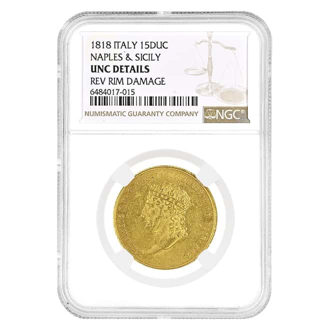 1818 Italy 15 Ducati Ferdinand I Gold Coin NGC UNC Details