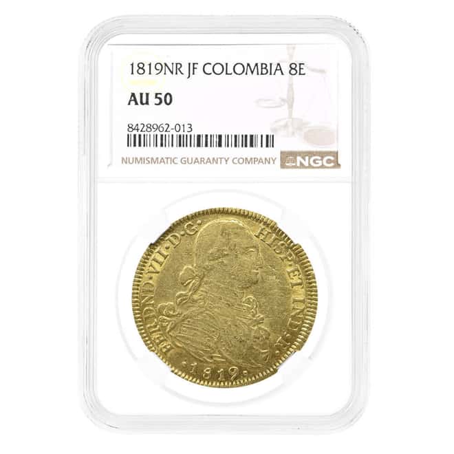 1819-NR JF Colombia 8 Escudos Ferdinand VII Gold Coin NGC AU 50