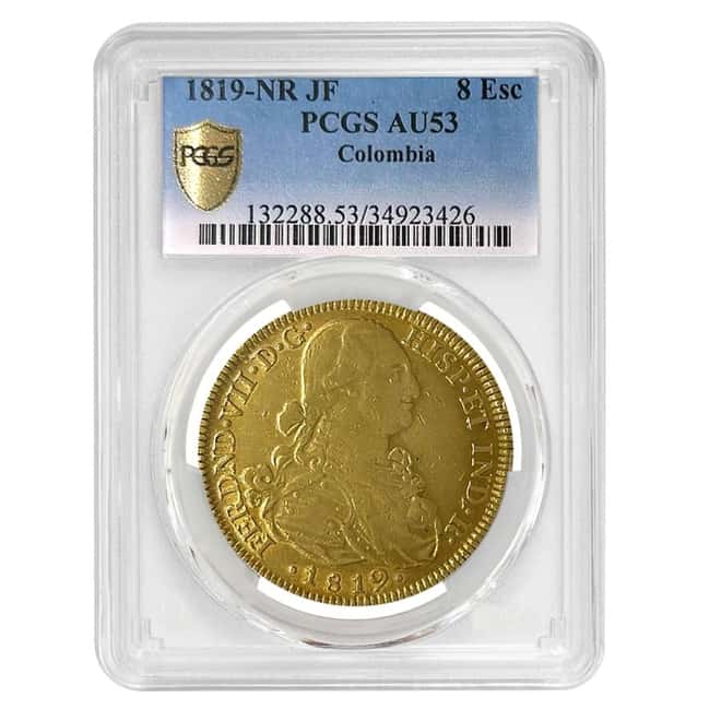1819-NR JF Colombia 8 Escudos Ferdinand VII Gold Coin PCGS AU 53